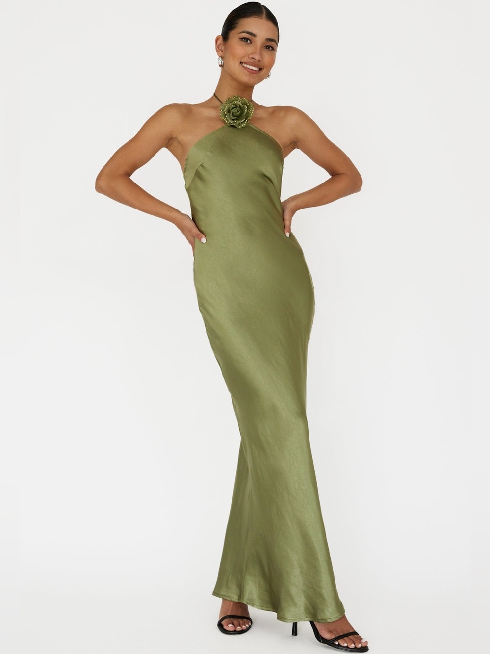 Selfie Leslie High Roller Flower Decoration Halter Dress in Olive Green Satin S